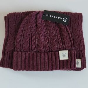 Wantable Cable Knit Beanie & Scarf Set Wool Blend Burgundy